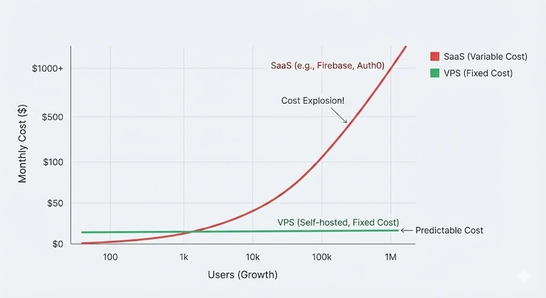 图 2：SaaS 订阅 vs. VPS 固定成本曲线对比